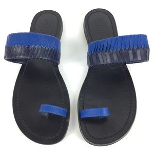 TORY BURCH Sandals Women Blue Leather Flip Flop Flat Summer Strappy Toe Size 5.5